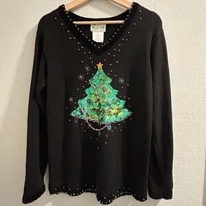 The Quaker Factory Black Christmas Tree Sequin Beaded‎ V-Neck Sweater Size Small